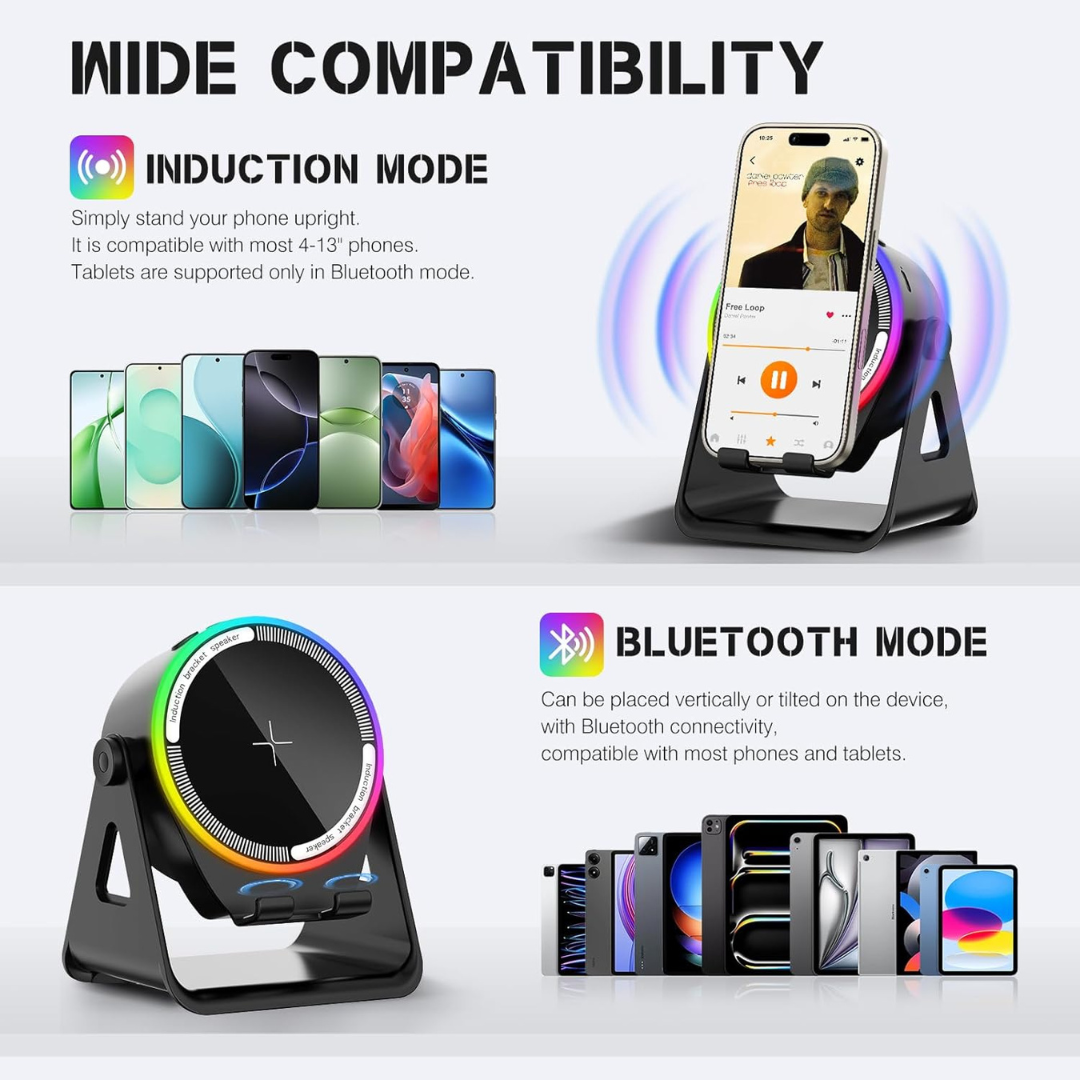 4-in-1 Wireless Induction Speaker with RGB Lights & Phone Stand | 360° Rotating Design